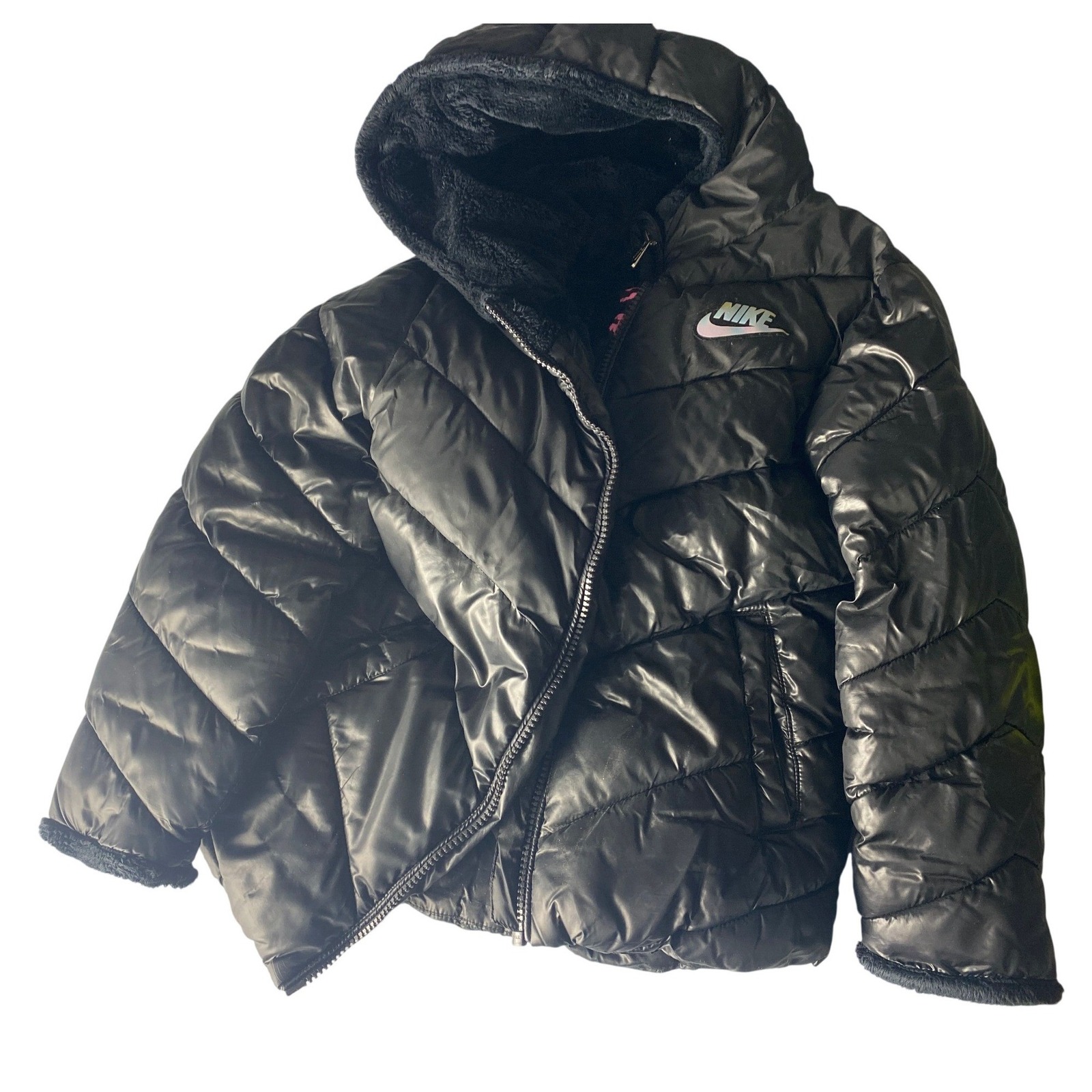 Nike Kids Medium 6 Black Puffer Jacket Hooded Faux Fur Lined Coat